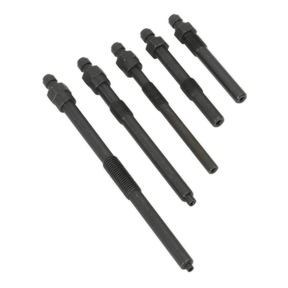 Five black cylindrical mechanical parts of varying lengths, each with threaded sections and cylindrical ends, resembling components from the Sealey Diesel Compression Adaptor Kit - Ford, Mazda, PSA - VSE3152, are arranged in descending order by size.