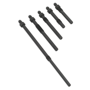 Set of five black metal extension rods of varying lengths arranged diagonally from shortest to longest, designed to complement the Sealey Diesel Compression Adaptor Kit (VSE3153) for precise testing on Alfa Romeo, Fiat, Honda, and Vauxhall/Opel vehicles.