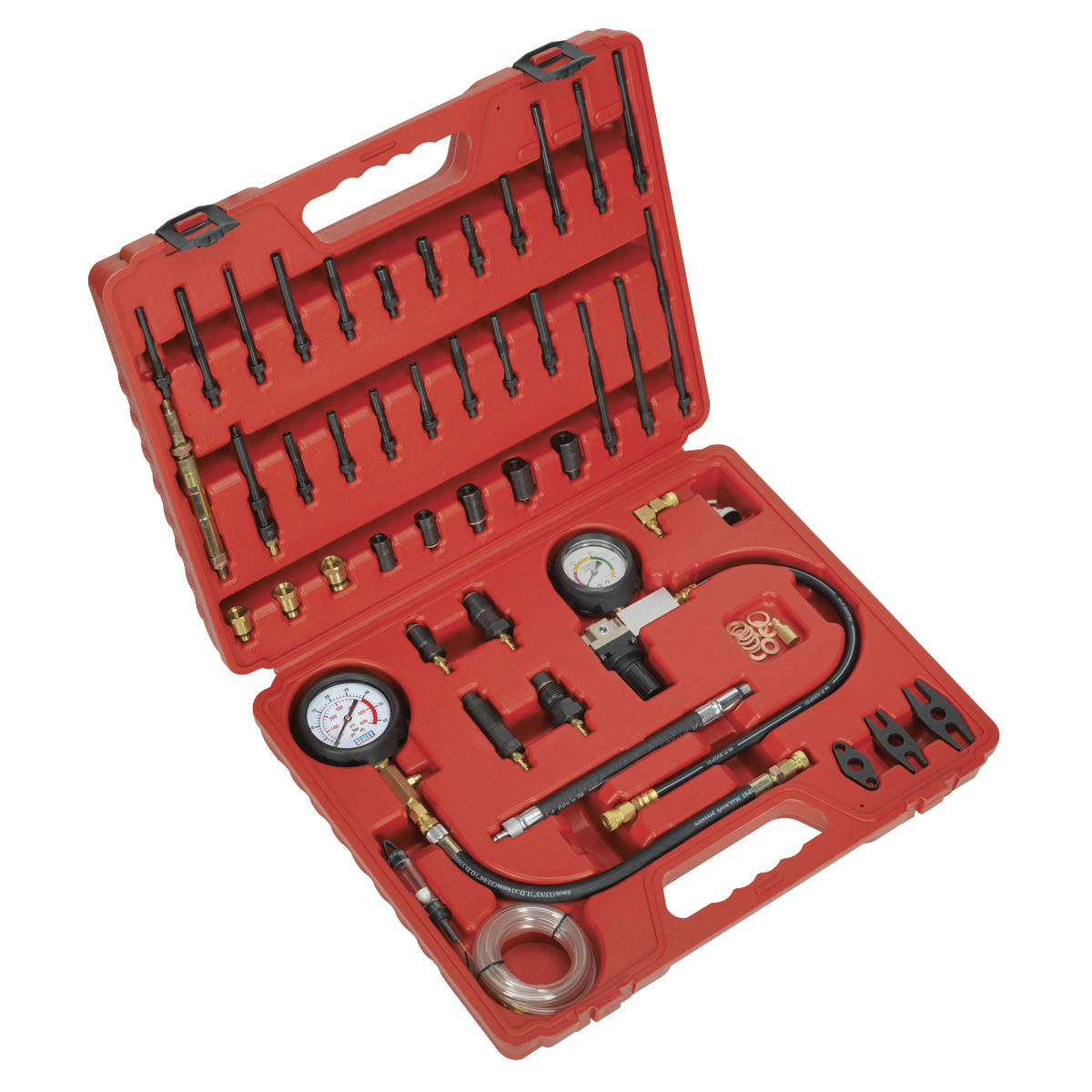 Open the red Sealey Diesel & Petrol Compression, Leakage & TDC Kit - VSE3156, which contains various automotive diagnostic instruments including gauges, connectors, hoses, and fittings. The compression testing kit also features spark/glow plug adaptors neatly organized in designated slots.