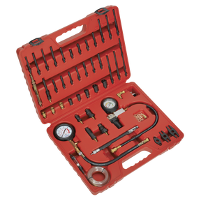 Open the red Sealey Diesel & Petrol Compression, Leakage & TDC Kit - VSE3156, which contains various automotive diagnostic instruments including gauges, connectors, hoses, and fittings. The compression testing kit also features spark/glow plug adaptors neatly organized in designated slots.