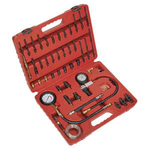 Open the red Sealey Diesel & Petrol Compression, Leakage & TDC Kit - VSE3156, which contains various automotive diagnostic instruments including gauges, connectors, hoses, and fittings. The compression testing kit also features spark/glow plug adaptors neatly organized in designated slots.