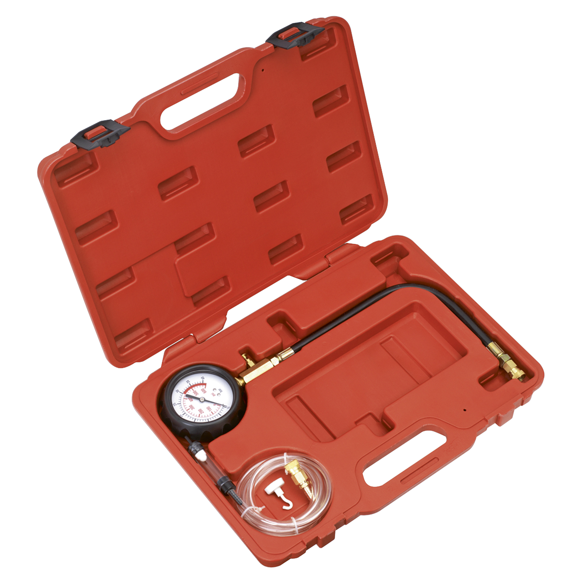 A Sealey Diesel Compression Gauge, Hose & TDC Base Kit - VSE3157, housed in a red plastic toolbox, includes an attached hose, tubing, and fittings.