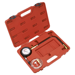 A Sealey Diesel Compression Gauge, Hose & TDC Base Kit - VSE3157, housed in a red plastic toolbox, includes an attached hose, tubing, and fittings.