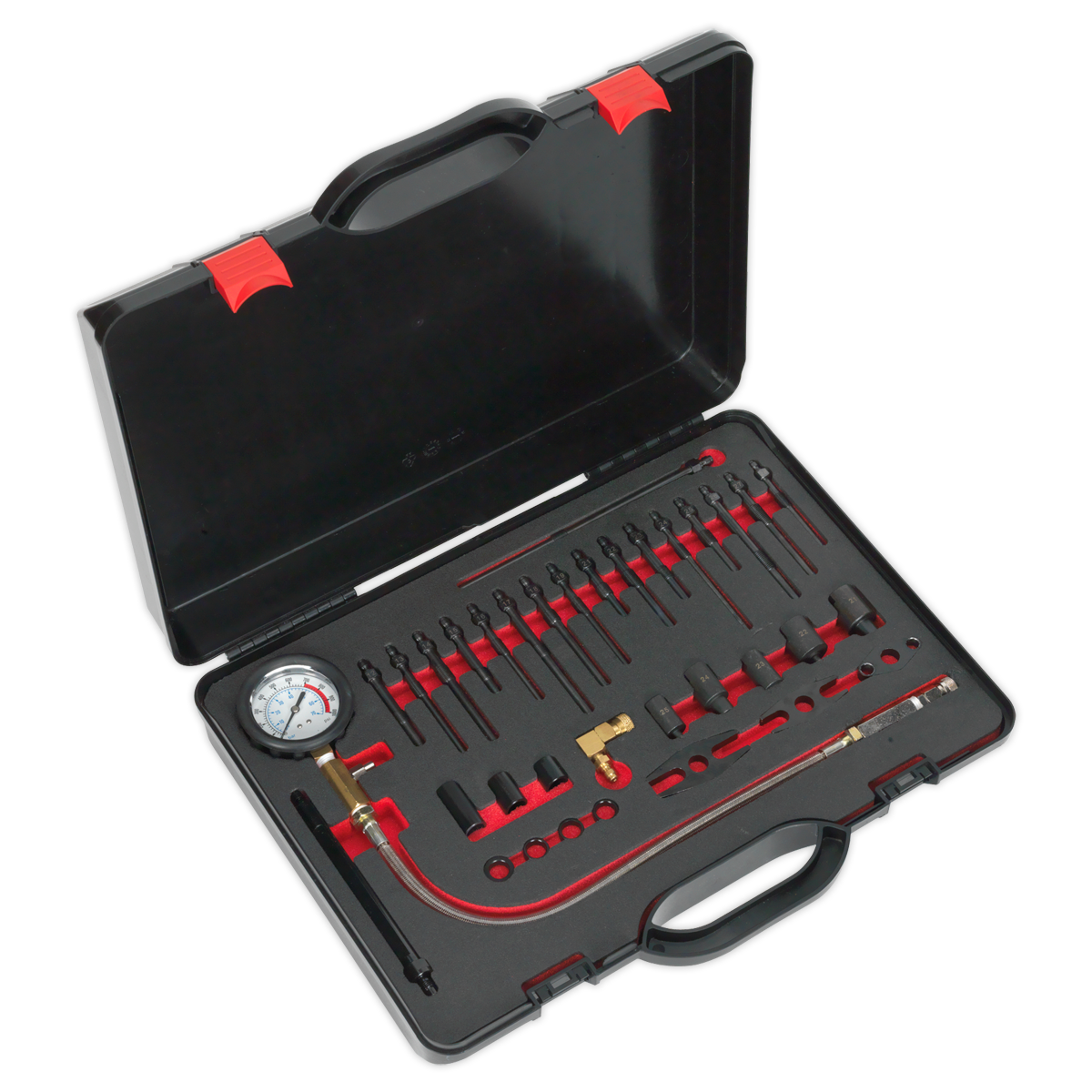 The Sealey Compression Test Kit - Diesel - VSE3158 is a black toolkit case featuring various automotive tools, such as a pressure gauge, hoses, adapters, and connectors, all neatly organized in foam cutouts. It's ideal for working on diesel vehicles and includes dummy glow plugs for precise diagnostics.