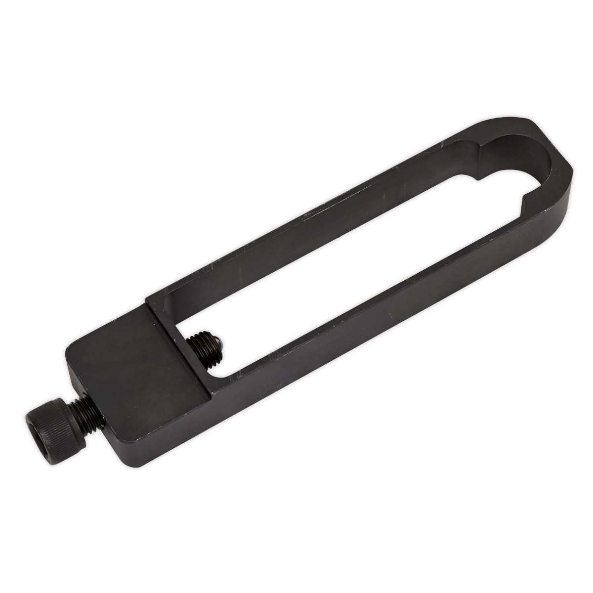 The Sealey Belt Tensioner Compression Tool (VSE4310) for Mercedes features a black metal design with a hollow rectangular center and an adjustable screw knob at one end, making it ideal for hydraulic tensioners in Mercedes A-Class vehicles.