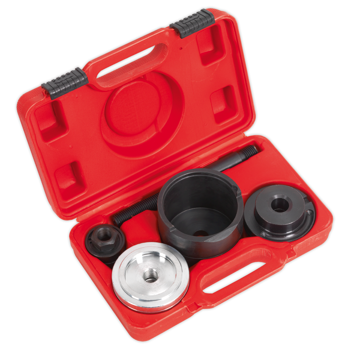 The Sealey Front Suspension Bush Tool - VAG (model VSE4781) comes in a red plastic carrying case, complete with various black and silver automotive tools including a 24mm spanner, and features a molded interior for optimal organization.