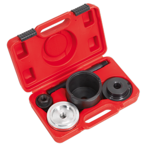 The Sealey Front Suspension Bush Tool - VAG (model VSE4781) comes in a red plastic carrying case, complete with various black and silver automotive tools including a 24mm spanner, and features a molded interior for optimal organization.