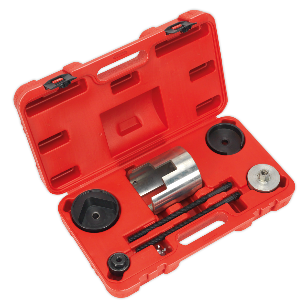 The Sealey Trailing Arm Bush Tool - Vauxhall/Opel - VSE4787 is a red plastic carrying case containing various metal and plastic components, perfect for the removal or installation of toolsets during mechanical assembly or repair tasks on Vauxhall/Opel vehicles.