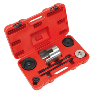 The Sealey Trailing Arm Bush Tool - Vauxhall/Opel - VSE4787 is a red plastic carrying case containing various metal and plastic components, perfect for the removal or installation of toolsets during mechanical assembly or repair tasks on Vauxhall/Opel vehicles.