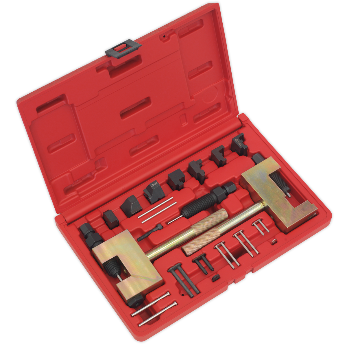 A Sealey Petrol/Diesel Timing Tool Kit for Mercedes, Chrysler, and Jeep (Model VSE4802), featuring a red case with various metallic components, tools, bolts, and alignment equipment for engine dismantling, neatly arranged in foam slots.