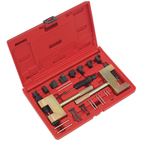 A Sealey Petrol/Diesel Timing Tool Kit for Mercedes, Chrysler, and Jeep (Model VSE4802), featuring a red case with various metallic components, tools, bolts, and alignment equipment for engine dismantling, neatly arranged in foam slots.