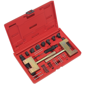 A Sealey Petrol/Diesel Timing Tool Kit for Mercedes, Chrysler, and Jeep (Model VSE4802), featuring a red case with various metallic components, tools, bolts, and alignment equipment for engine dismantling, neatly arranged in foam slots.