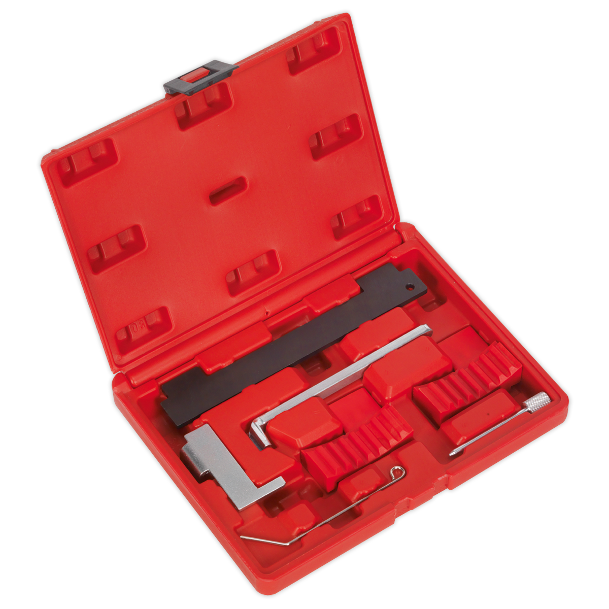 Introducing the Sealey Petrol Engine Timing Tool Kit (VSE5006), a versatile red plastic toolbox featuring multiple compartments that hold a range of essential metal tools, including camshaft setting instruments designed specifically for automotive repair on GM, Saab, Chevrolet, Alfa Romeo, and Fiat 1.4/1.6/1.8 Twinport petrol engines with belt drive systems.