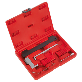 Introducing the Sealey Petrol Engine Timing Tool Kit (VSE5006), a versatile red plastic toolbox featuring multiple compartments that hold a range of essential metal tools, including camshaft setting instruments designed specifically for automotive repair on GM, Saab, Chevrolet, Alfa Romeo, and Fiat 1.4/1.6/1.8 Twinport petrol engines with belt drive systems.