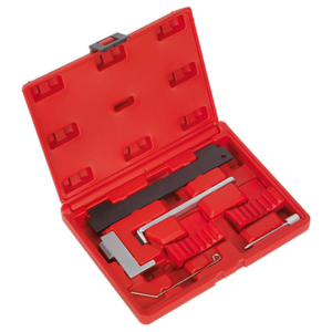 Introducing the Sealey Petrol Engine Timing Tool Kit (VSE5006), a versatile red plastic toolbox featuring multiple compartments that hold a range of essential metal tools, including camshaft setting instruments designed specifically for automotive repair on GM, Saab, Chevrolet, Alfa Romeo, and Fiat 1.4/1.6/1.8 Twinport petrol engines with belt drive systems.