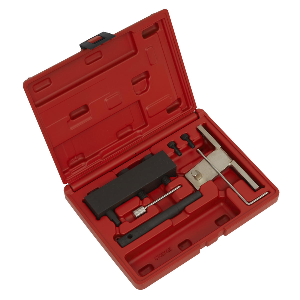 A Diesel Engine Timing Tool Kit - GM 1.6 CDTi - Chain Drive (VSE5020) by Sealey, housed in a red plastic case with molded compartments for a specialized set of automotive tools including ones for the timing chain and camshaft sprocket.