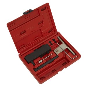 A Diesel Engine Timing Tool Kit - GM 1.6 CDTi - Chain Drive (VSE5020) by Sealey, housed in a red plastic case with molded compartments for a specialized set of automotive tools including ones for the timing chain and camshaft sprocket.