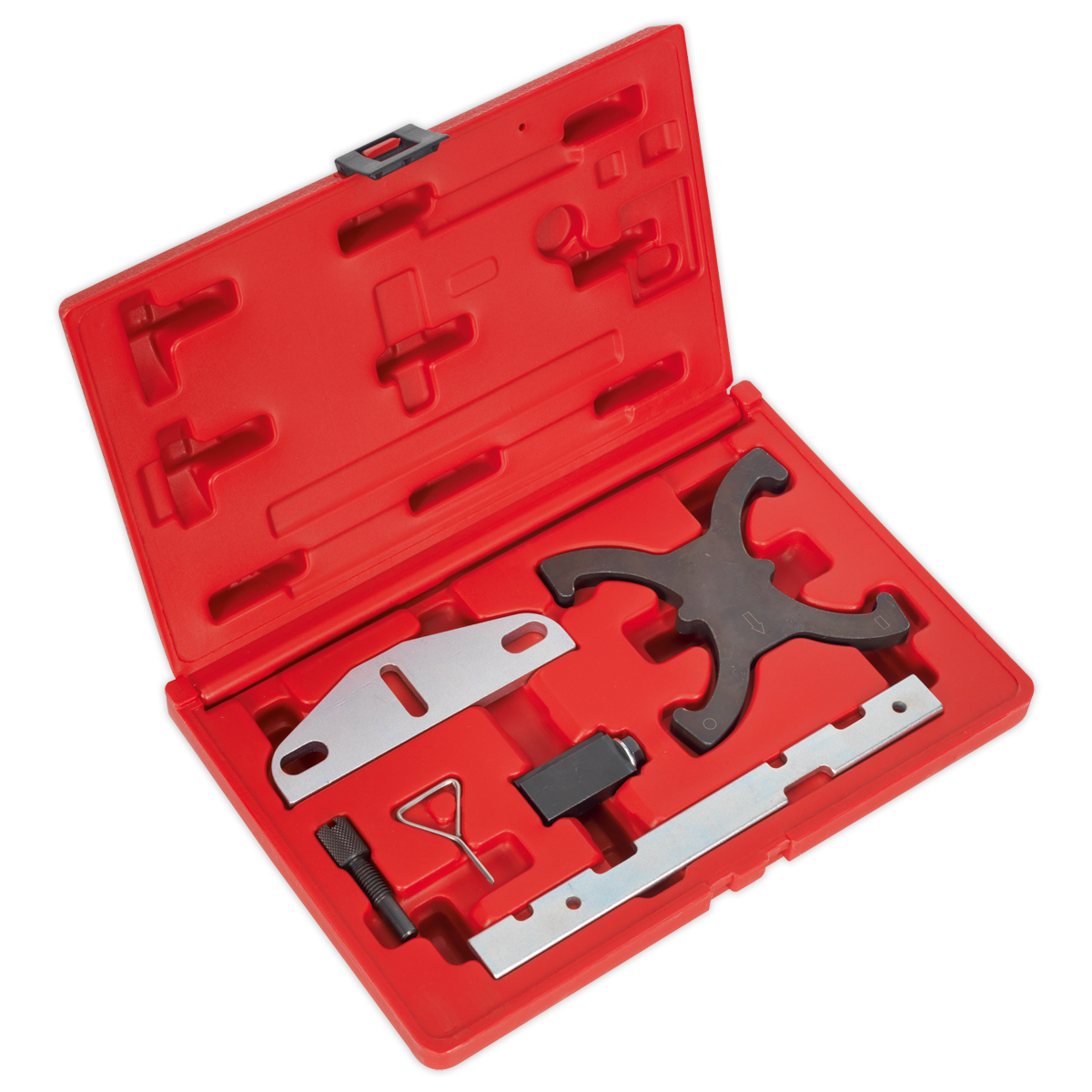 The Sealey Petrol Engine Timing Tool Kit (VSE5041A), designed for Ford 1.5 EcoBoost and 1.6Ti-VCT belt drive engines, comes in a red plastic case with various automotive timing tools neatly arranged in slots. Ideal for replacing a Ford 1.6Ti-VCT timing belt, the kit includes a bracket, VCT setting plate, T-shaped tool, flat metal piece, and other small components.