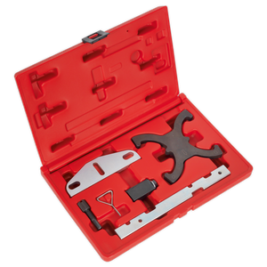 The Sealey Petrol Engine Timing Tool Kit (VSE5041A), designed for Ford 1.5 EcoBoost and 1.6Ti-VCT belt drive engines, comes in a red plastic case with various automotive timing tools neatly arranged in slots. Ideal for replacing a Ford 1.6Ti-VCT timing belt, the kit includes a bracket, VCT setting plate, T-shaped tool, flat metal piece, and other small components.