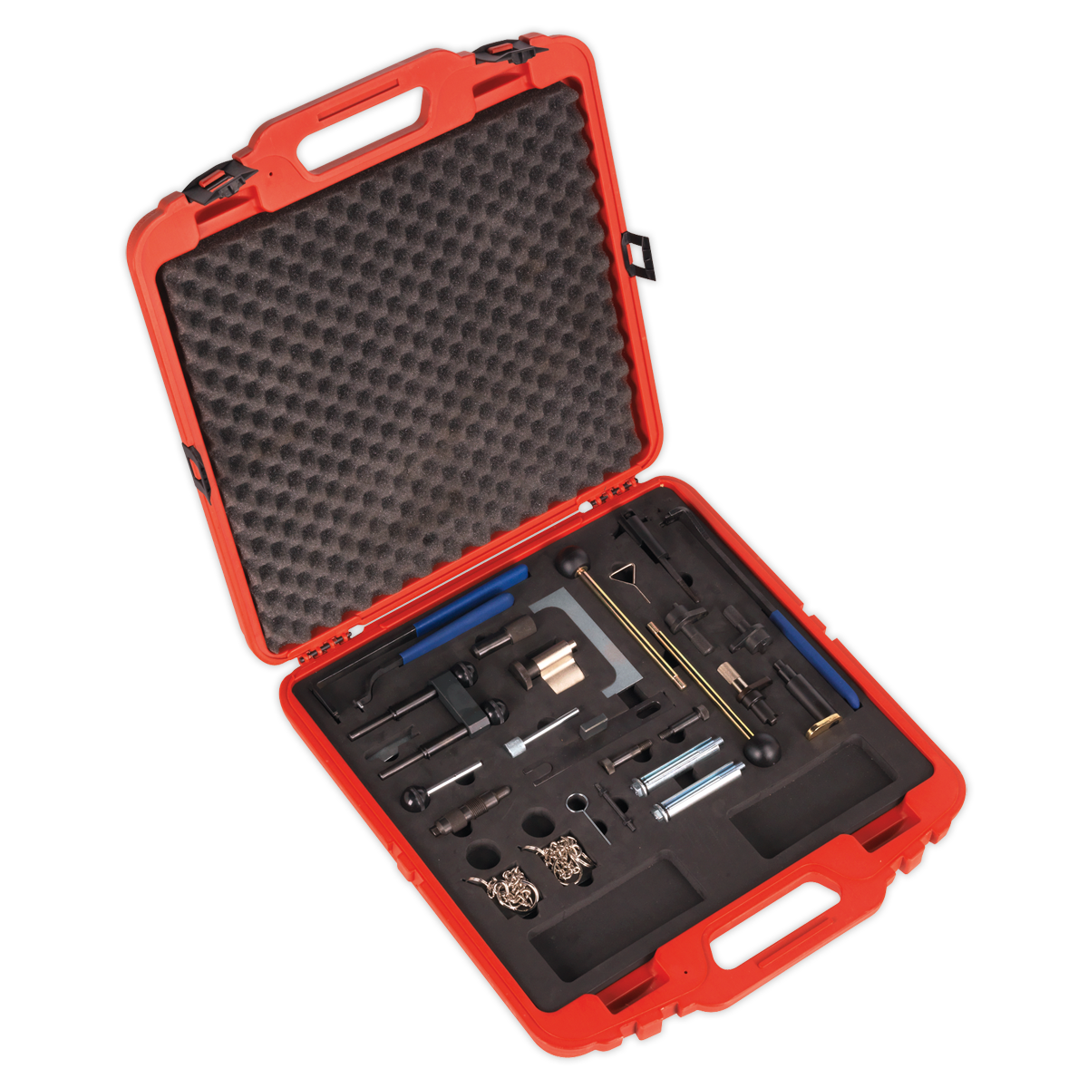 Open the Sealey red plastic case to reveal the Diesel/Petrol Engine Timing Tool Master Kit - for VAG - Belt/Chain Drive - VSE5044. Inside, a variety of organized tools and equipment, including screwdrivers, wrenches, and small parts, are set in foam padding for protection. This comprehensive timing tool kit is perfect for Audi, Seat, Skoda, and VW vehicles with diesel and petrol engines.