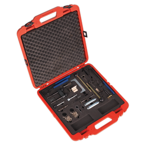Open the Sealey red plastic case to reveal the Diesel/Petrol Engine Timing Tool Master Kit - for VAG - Belt/Chain Drive - VSE5044. Inside, a variety of organized tools and equipment, including screwdrivers, wrenches, and small parts, are set in foam padding for protection. This comprehensive timing tool kit is perfect for Audi, Seat, Skoda, and VW vehicles with diesel and petrol engines.