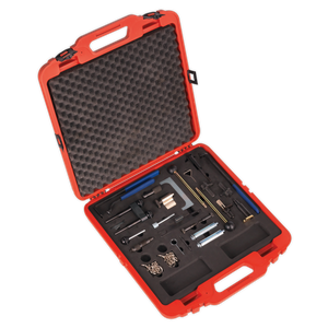 Open the Sealey red plastic case to reveal the Diesel/Petrol Engine Timing Tool Master Kit - for VAG - Belt/Chain Drive - VSE5044. Inside, a variety of organized tools and equipment, including screwdrivers, wrenches, and small parts, are set in foam padding for protection. This comprehensive timing tool kit is perfect for Audi, Seat, Skoda, and VW vehicles with diesel and petrol engines.