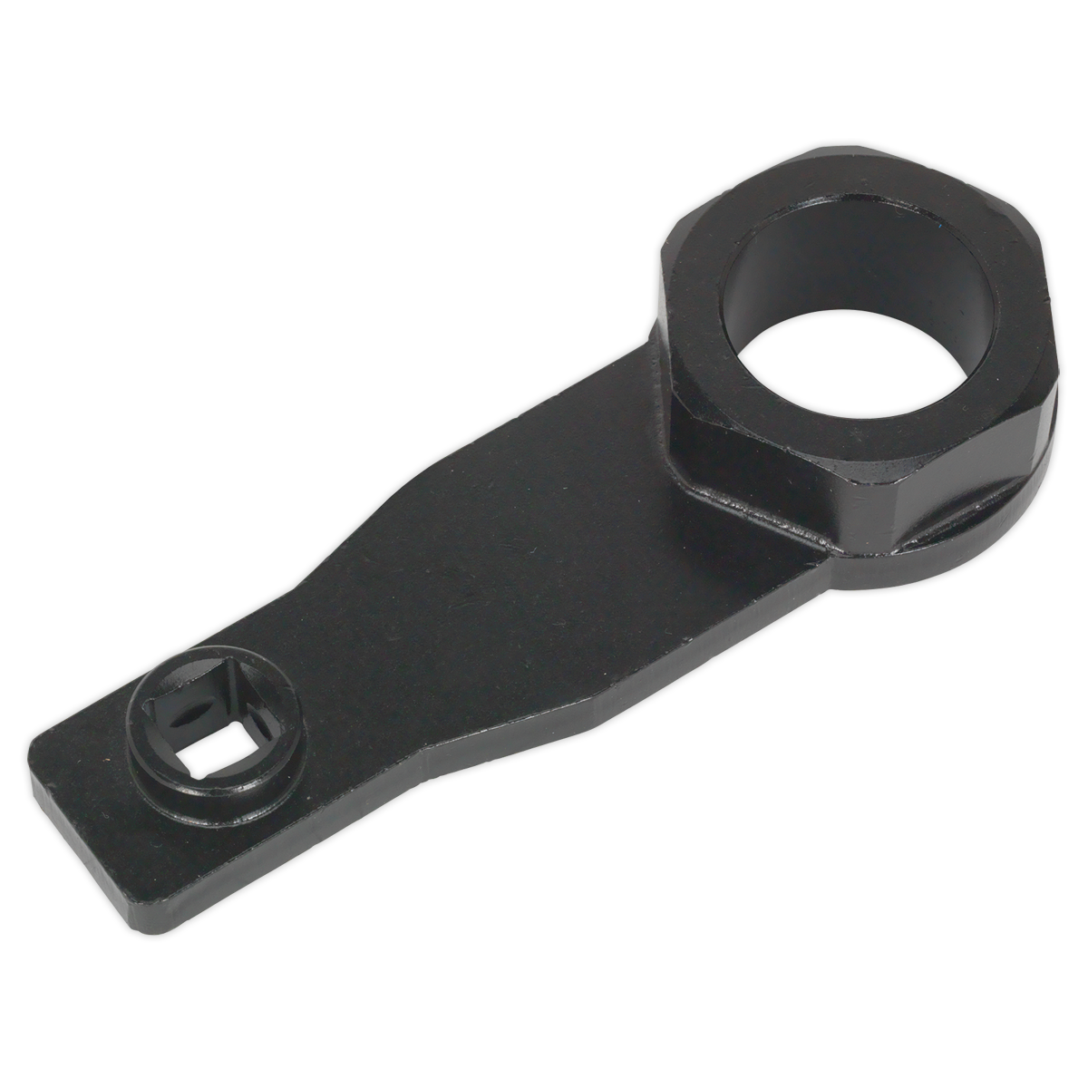 The Sealey Crankshaft Pulley Holder (VSE5048S) for Honda is a black, metal tool featuring three differently sized openings on each end, making it perfect for working with various bolt sizes in confined spaces.