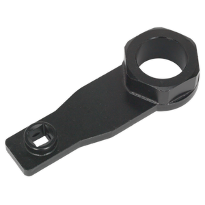 The Sealey Crankshaft Pulley Holder (VSE5048S) for Honda is a black, metal tool featuring three differently sized openings on each end, making it perfect for working with various bolt sizes in confined spaces.