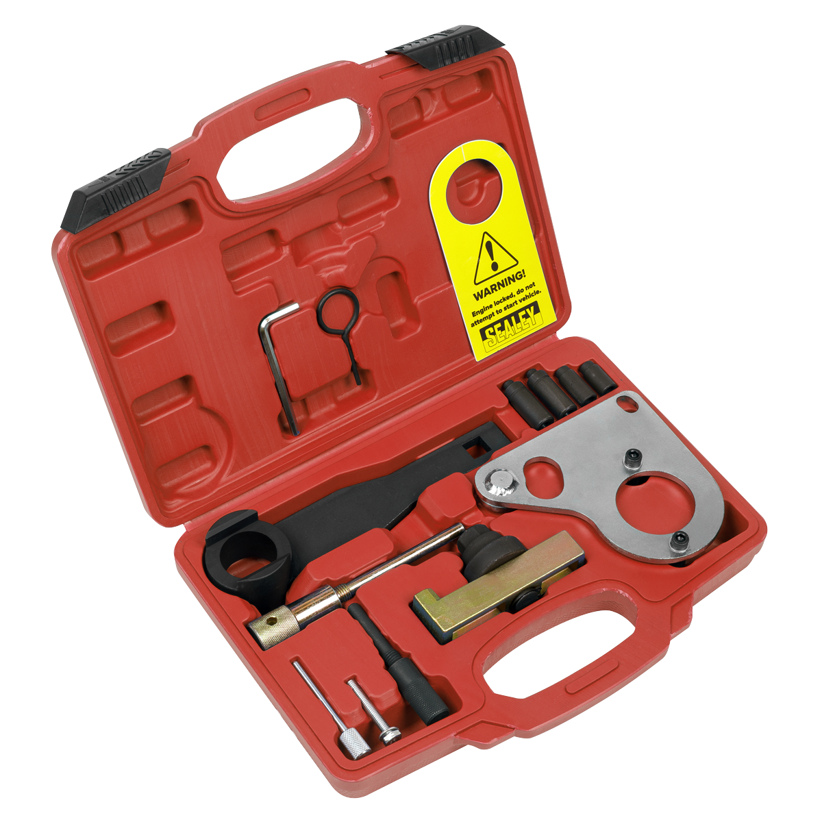 A Sealey Diesel Engine Timing Tool Kit case is open, showcasing various automotive tools including wrenches, a key, a metal bracket, and several small components ideal for 1.6D, 2.0, and 2.3dCi/CDTi engines from Renault, Mercedes, Nissan, and GM.