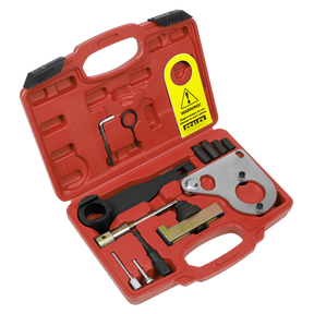 A Sealey Diesel Engine Timing Tool Kit case is open, showcasing various automotive tools including wrenches, a key, a metal bracket, and several small components ideal for 1.6D, 2.0, and 2.3dCi/CDTi engines from Renault, Mercedes, Nissan, and GM.