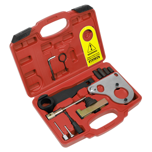 A Sealey Diesel Engine Timing Tool Kit case is open, showcasing various automotive tools including wrenches, a key, a metal bracket, and several small components ideal for 1.6D, 2.0, and 2.3dCi/CDTi engines from Renault, Mercedes, Nissan, and GM.