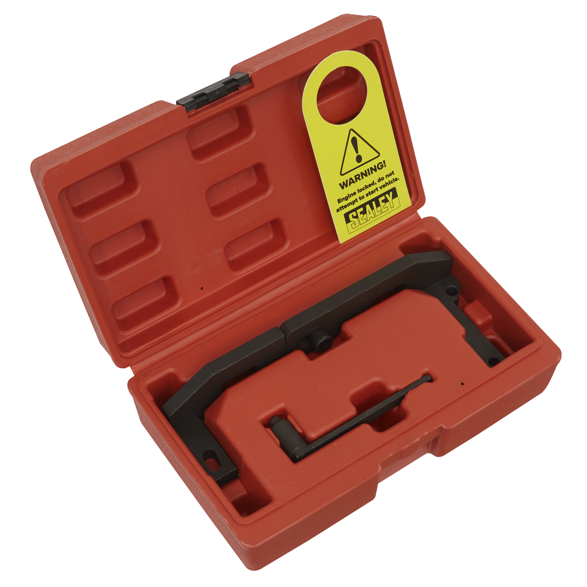 The Sealey Petrol Engine Timing Tool Kit - VSE5092 is a black metal tool housed in an orange plastic case, featuring a yellow warning tag on the handle, meticulously designed for timing belt replacement on 1.0 VTi and 1.2 VTi Pure-Tech engines from PSA, GM, and Toyota.