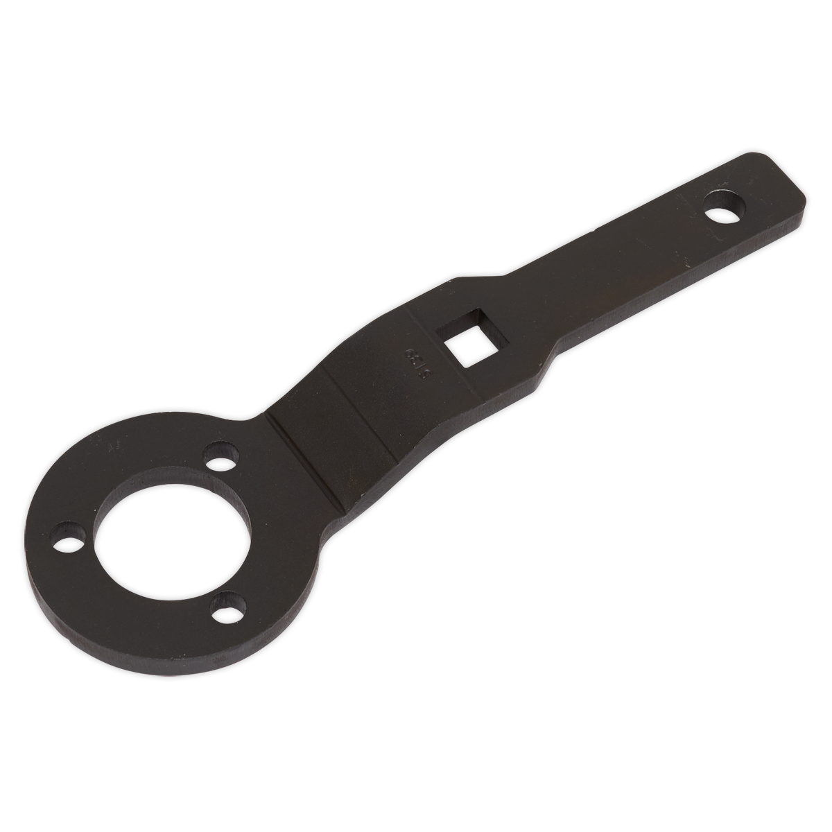 The "Sealey Crankshaft Holding Tool - for Citroen/Peugeot/Toyota 1.0/1.2 Belt Drive (VSE5093)" is a black metal spanner wrench with a circular end featuring four holes, a rectangular opening in the middle, and designed for use on Citroen, Peugeot, and Toyota engines.