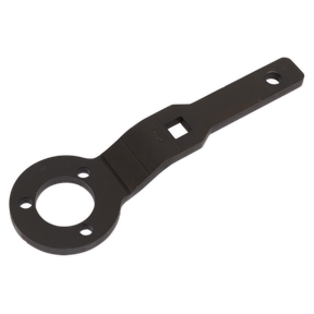 The "Sealey Crankshaft Holding Tool - for Citroen/Peugeot/Toyota 1.0/1.2 Belt Drive (VSE5093)" is a black metal spanner wrench with a circular end featuring four holes, a rectangular opening in the middle, and designed for use on Citroen, Peugeot, and Toyota engines.