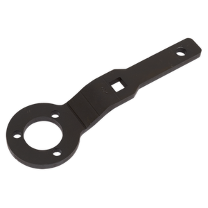 The "Sealey Crankshaft Holding Tool - for Citroen/Peugeot/Toyota 1.0/1.2 Belt Drive (VSE5093)" is a black metal spanner wrench with a circular end featuring four holes, a rectangular opening in the middle, and designed for use on Citroen, Peugeot, and Toyota engines.