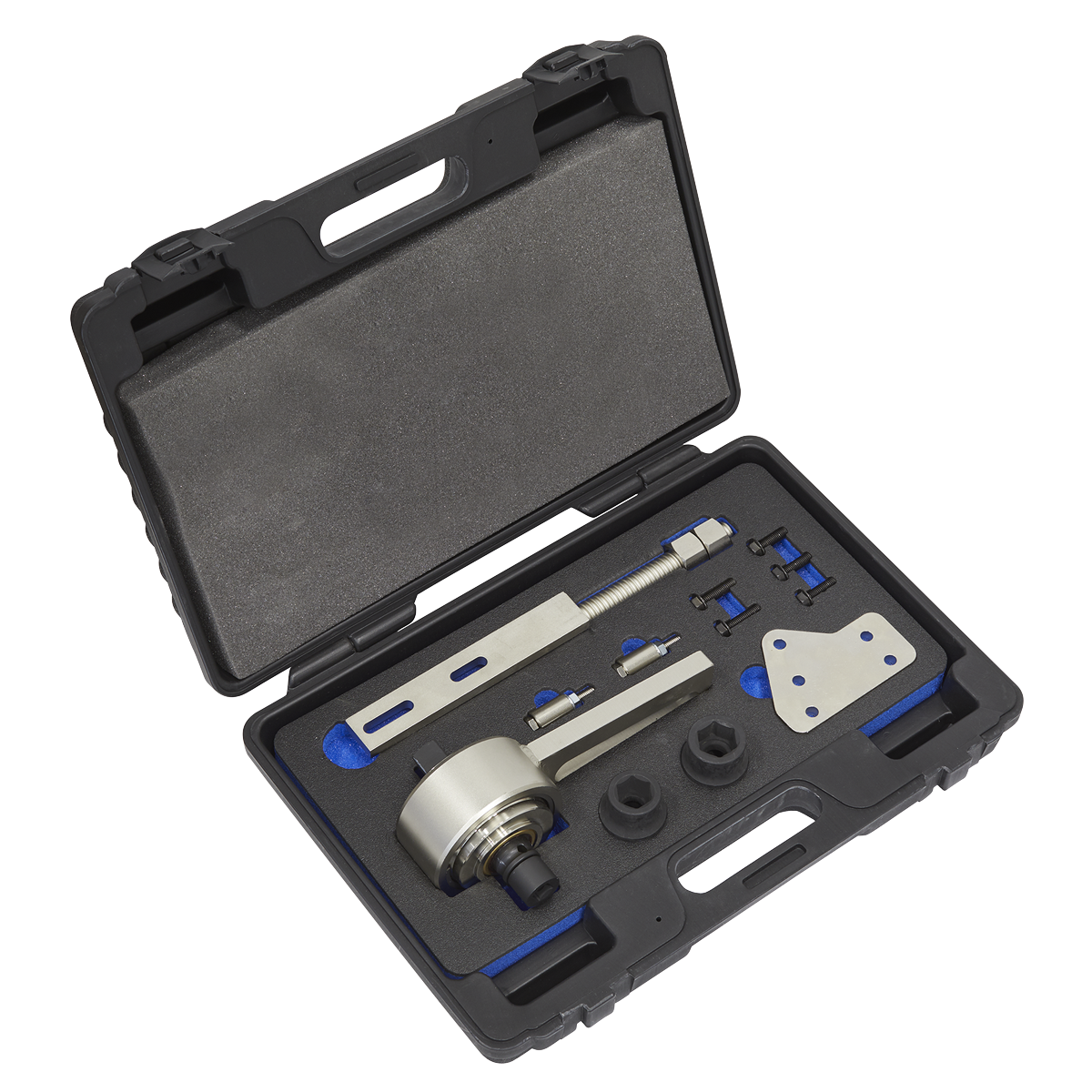 The Sealey Torque Multiplier 1/2"-3/4" Square Drive (VSE5180) for Ford EcoBoost engines comes in a sleek black plastic case. Inside, you'll find a collection of mechanical tools, such as wrenches, bolts, and other components, all neatly arranged in foam cutouts—ideal for precision work on a Ford EcoBoost engine.