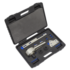 The Sealey Torque Multiplier 1/2"-3/4" Square Drive (VSE5180) for Ford EcoBoost engines comes in a sleek black plastic case. Inside, you'll find a collection of mechanical tools, such as wrenches, bolts, and other components, all neatly arranged in foam cutouts—ideal for precision work on a Ford EcoBoost engine.
