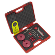 The Sealey Diesel Engine Timing Tool Kit - for Ford 2.0TDCi EcoBlue - Belt Drive (Model VSE5640) includes a red plastic carrying case with foam padding, containing assorted precision tools and components such as red discs, a wrench, and various small metal instruments crucial for diesel engine maintenance. Additionally, a caution tag is attached.