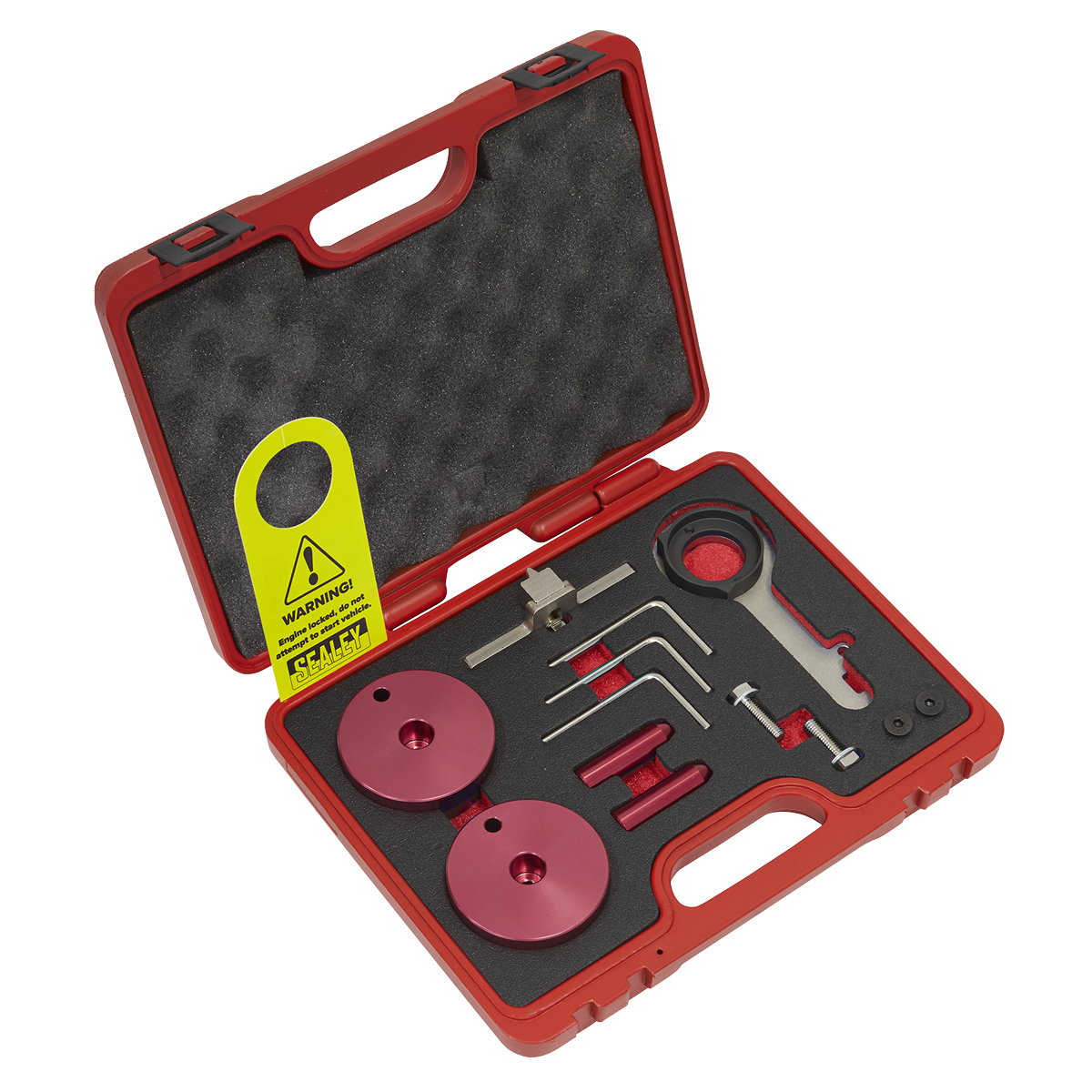 The Sealey Diesel Engine Timing Tool Kit - for Ford 2.0TDCi EcoBlue - Belt Drive (Model VSE5640) includes a red plastic carrying case with foam padding, containing assorted precision tools and components such as red discs, a wrench, and various small metal instruments crucial for diesel engine maintenance. Additionally, a caution tag is attached.