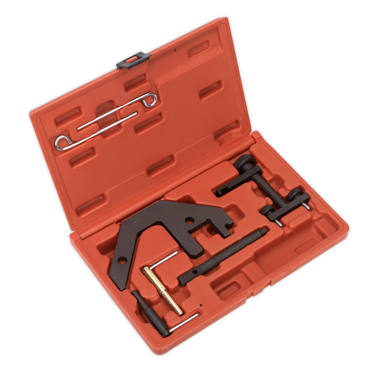 The Sealey Diesel Engine Timing Tool Kit (VSE5666), designed for BMW M47/M57, Land Rover TD4/TD6, MG 2.0D, and GM 2.5D chain drive engines, comes in a red plastic case containing an assortment of black and metallic tools. Included are a flat, angular tool along with various rods and pins neatly arranged in molded slots; this kit also features specialized flywheel locking tools tailored for these specific diesel engines.