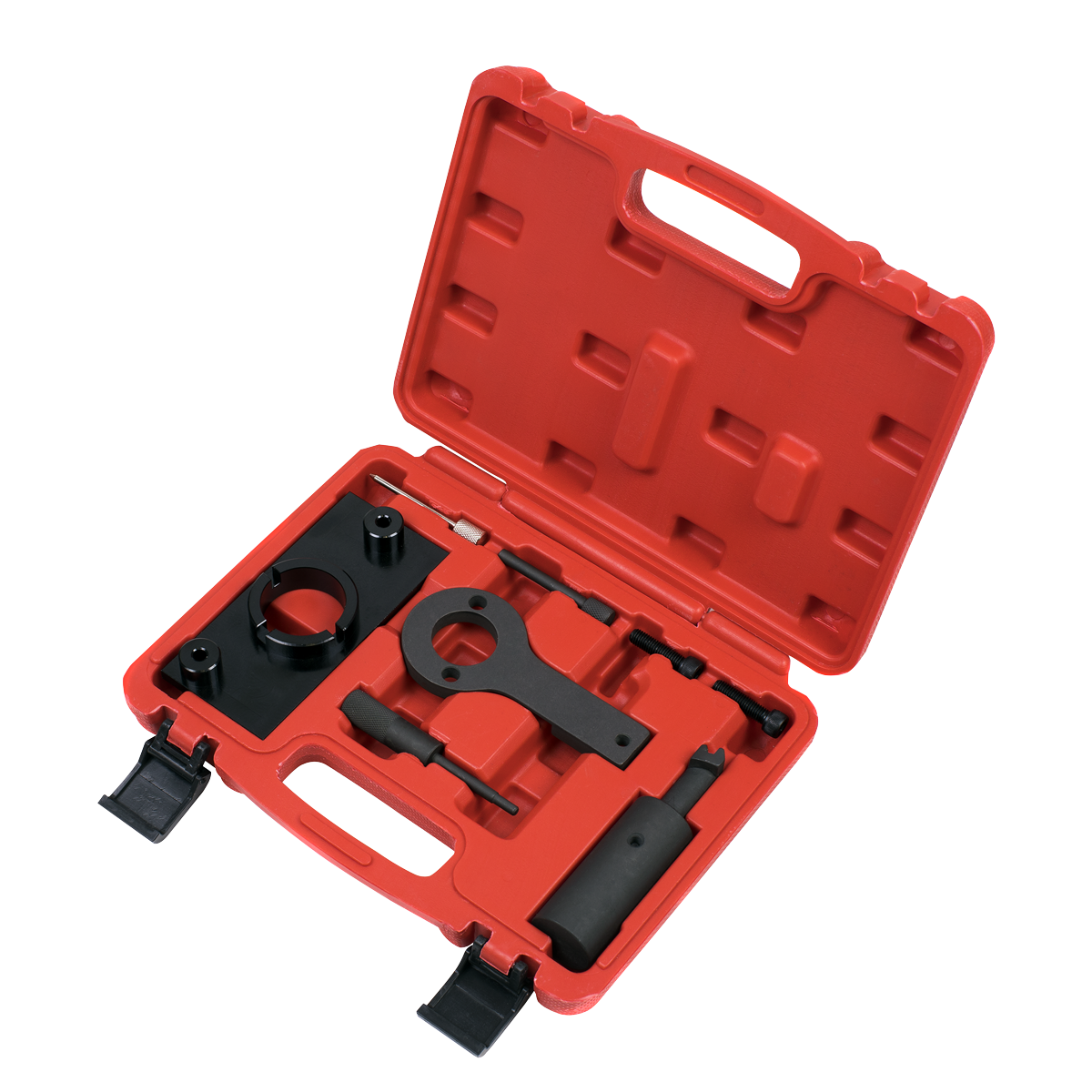 The Sealey Diesel Engine Timing Tool Kit - for GM 2.0CDTi (VSE5740) is a red plastic carrying case containing various black automotive tools, including a flywheel locking tool, designed specifically for engine repair and maintenance of Vauxhall/Opel vehicles with belt drive systems.