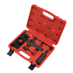 The Sealey Diesel Engine Timing Tool Kit - for GM 2.0CDTi (VSE5740) is a red plastic carrying case containing various black automotive tools, including a flywheel locking tool, designed specifically for engine repair and maintenance of Vauxhall/Opel vehicles with belt drive systems.