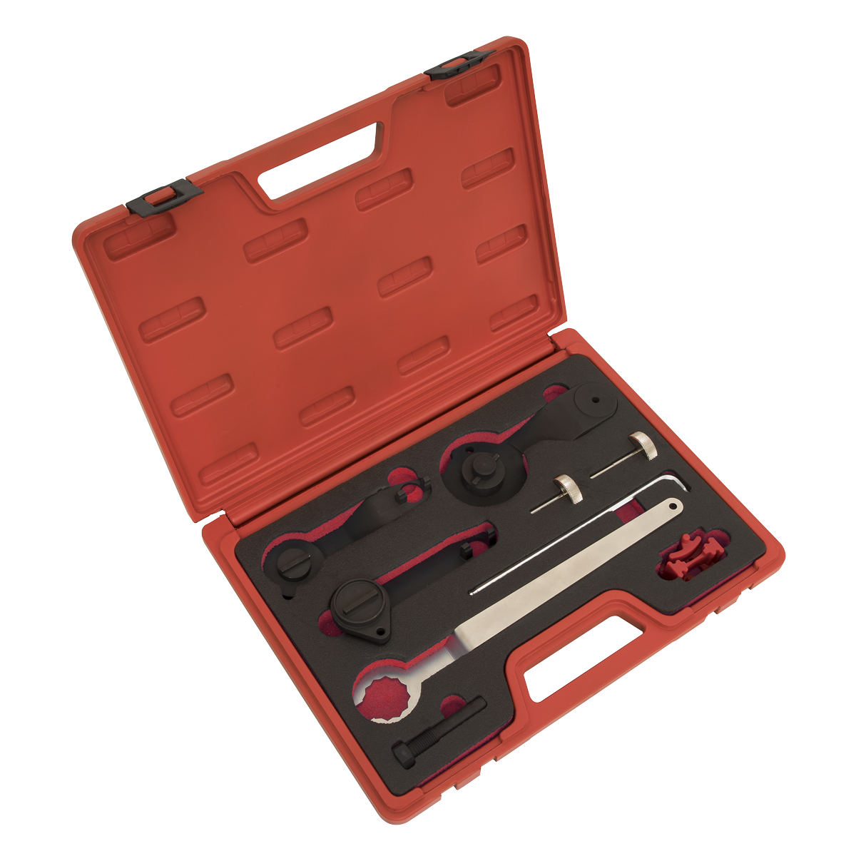 The Sealey Petrol Engine Timing Tool Kit for VAG 1.0/1.2/1.4 TSi - Belt Drive (VSE5760) includes a red plastic case with various hand tools and components, such as camshaft locking devices, all neatly organized in molded foam compartments. The case is open, showcasing the tools inside.