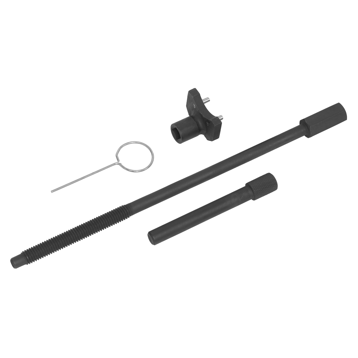 The Sealey Belt Tensioner Tool (VSE5768) - designed for Hyundai, Mitsubishi, and Proton petrol engines (1.6/1.8/2.0/2.4/3.0/3.5) - is a collection of special tools including a threaded rod, a cylindrical pin with a handle, a small component with prongs, and a wire loop tool—ideal for tasks like timing belt replacement and adjusting an automatic tensioner.