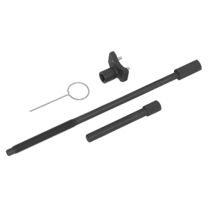 The Sealey Belt Tensioner Tool (VSE5768) - designed for Hyundai, Mitsubishi, and Proton petrol engines (1.6/1.8/2.0/2.4/3.0/3.5) - is a collection of special tools including a threaded rod, a cylindrical pin with a handle, a small component with prongs, and a wire loop tool—ideal for tasks like timing belt replacement and adjusting an automatic tensioner.