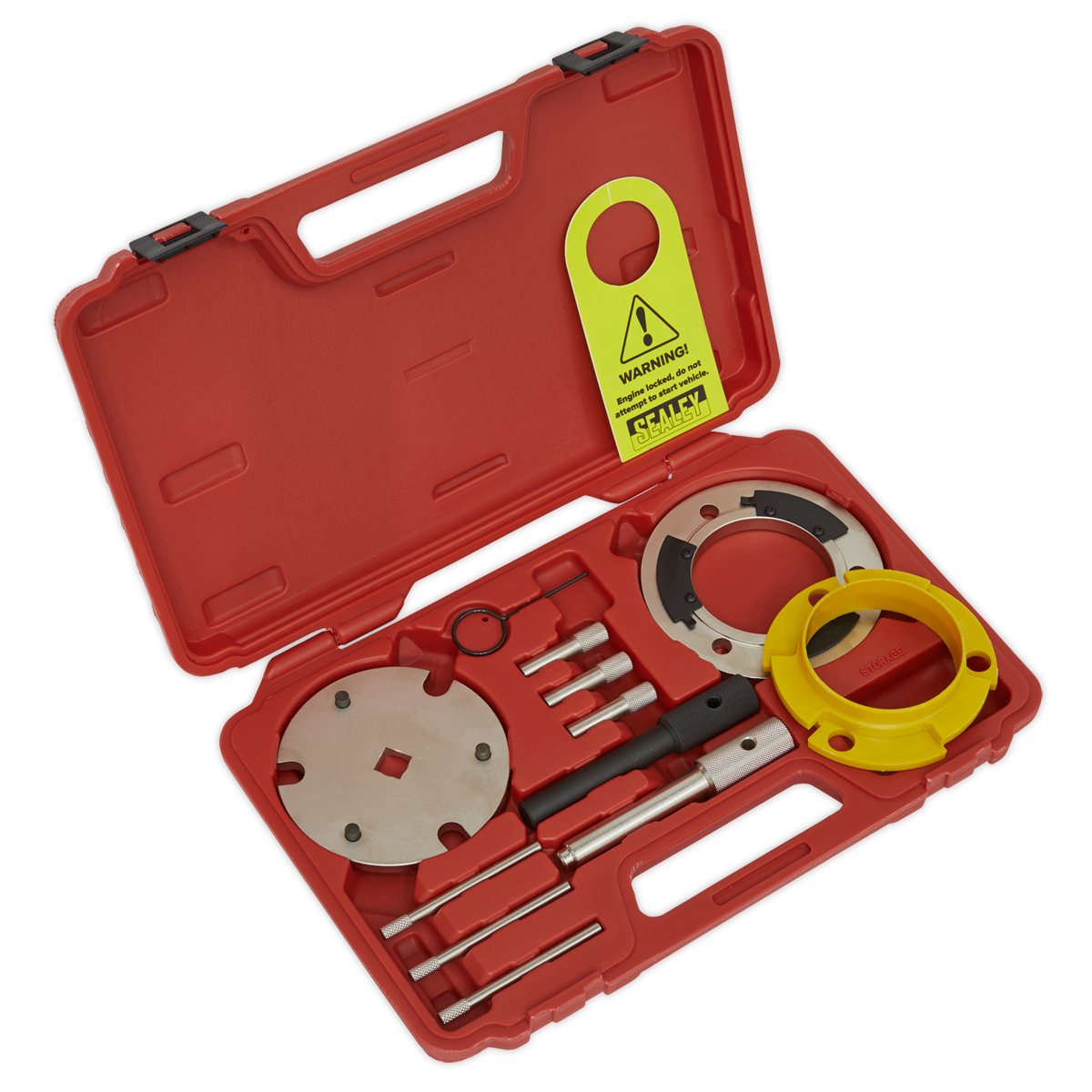 Sealey's Diesel Engine Timing Tool & Injection Pump Tool Kit - 2.0D, 2.2D, 2.4D Duratorq - Chain Drive (VSE5841A) comes in a red plastic case and includes various metal components such as wrenches, adapters, and a bright yellow warning tag—making it ideal for servicing diesel engines and Duratorq engines.