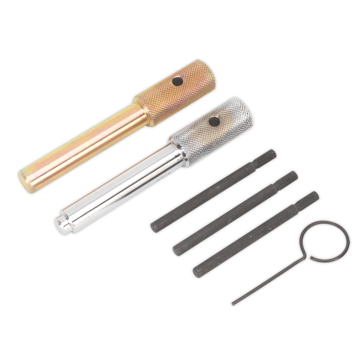 Two metal knurled pins, one gold and one silver, accompanied by four straight pins and a circular clip, all arranged on a white background—perfect components for your Sealey Diesel Engine Timing Tool Kit (VSE5842) compatible with Ford Duratorq or Fiat/JLR/LDV/PSA 2.0D/2.2D/2.4D/3.2D chain drive engines.
