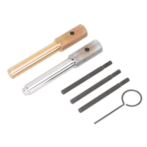 Two metal knurled pins, one gold and one silver, accompanied by four straight pins and a circular clip, all arranged on a white background—perfect components for your Sealey Diesel Engine Timing Tool Kit (VSE5842) compatible with Ford Duratorq or Fiat/JLR/LDV/PSA 2.0D/2.2D/2.4D/3.2D chain drive engines.
