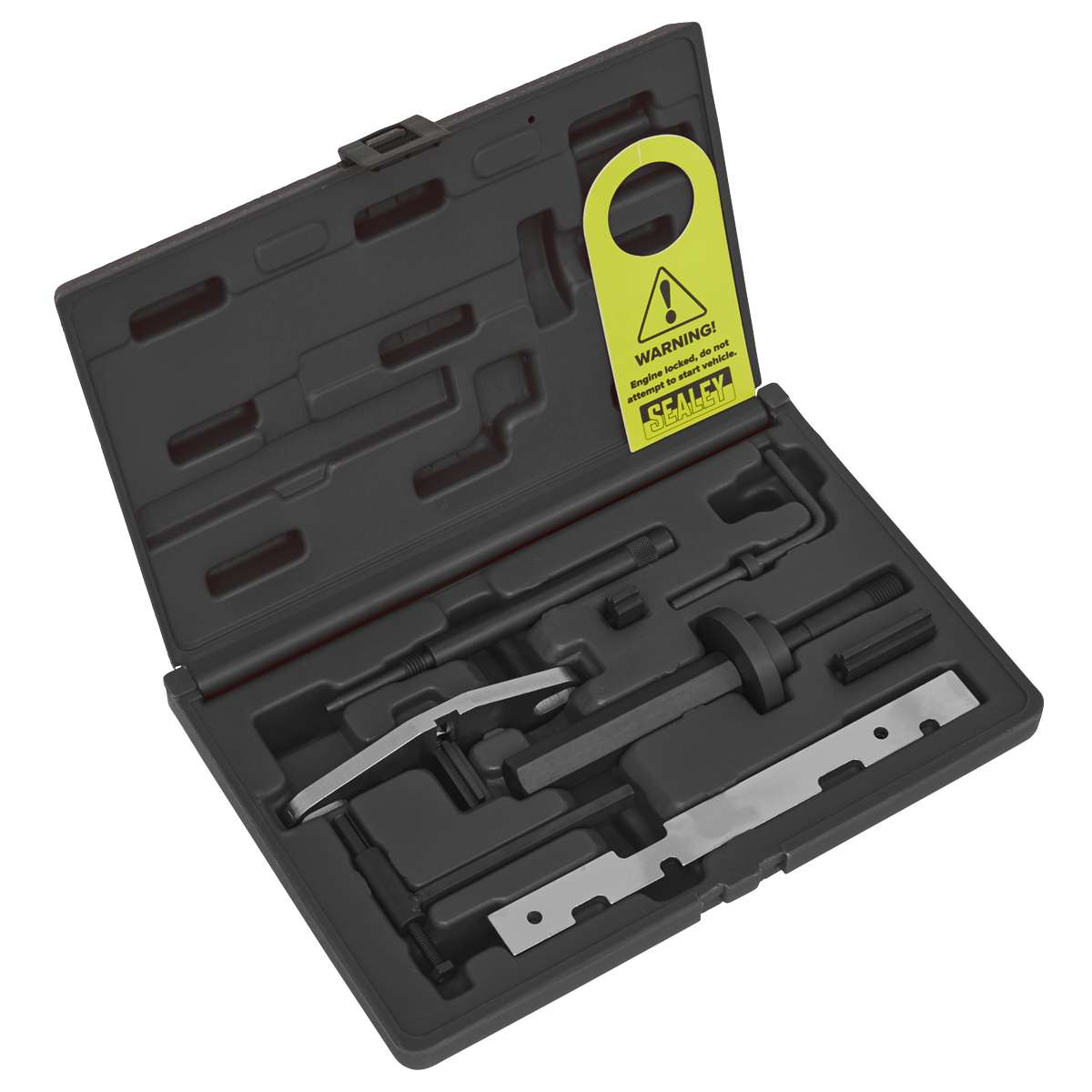 A Sealey Diesel Engine Timing Tool/Timing Chain/Pump Remove-Install Kit (VSE5843), featuring a black plastic case with various compartments for different automotive tools, ideal for timing belt replacement and chain drive diesel engines, and accompanied by a yellow warning tag.