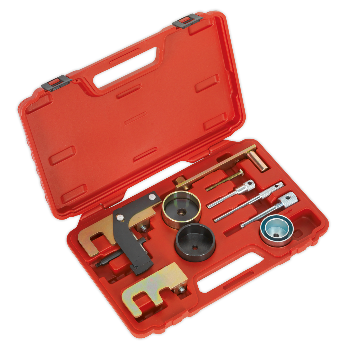 The Sealey Diesel Engine Timing Tool Kit (VSE5871A) is a red plastic tool case that includes an array of automotive tools specifically designed for Renault, Nissan, Suzuki, Mitsubishi, Dacia GM diesel engines (1.5D/1.9D/2.2D/2.5D). The kit contains a timing belt toolset with pulleys, wrenches, alignment tools and features crankshaft locking pins for precise timing belt replacement tasks.